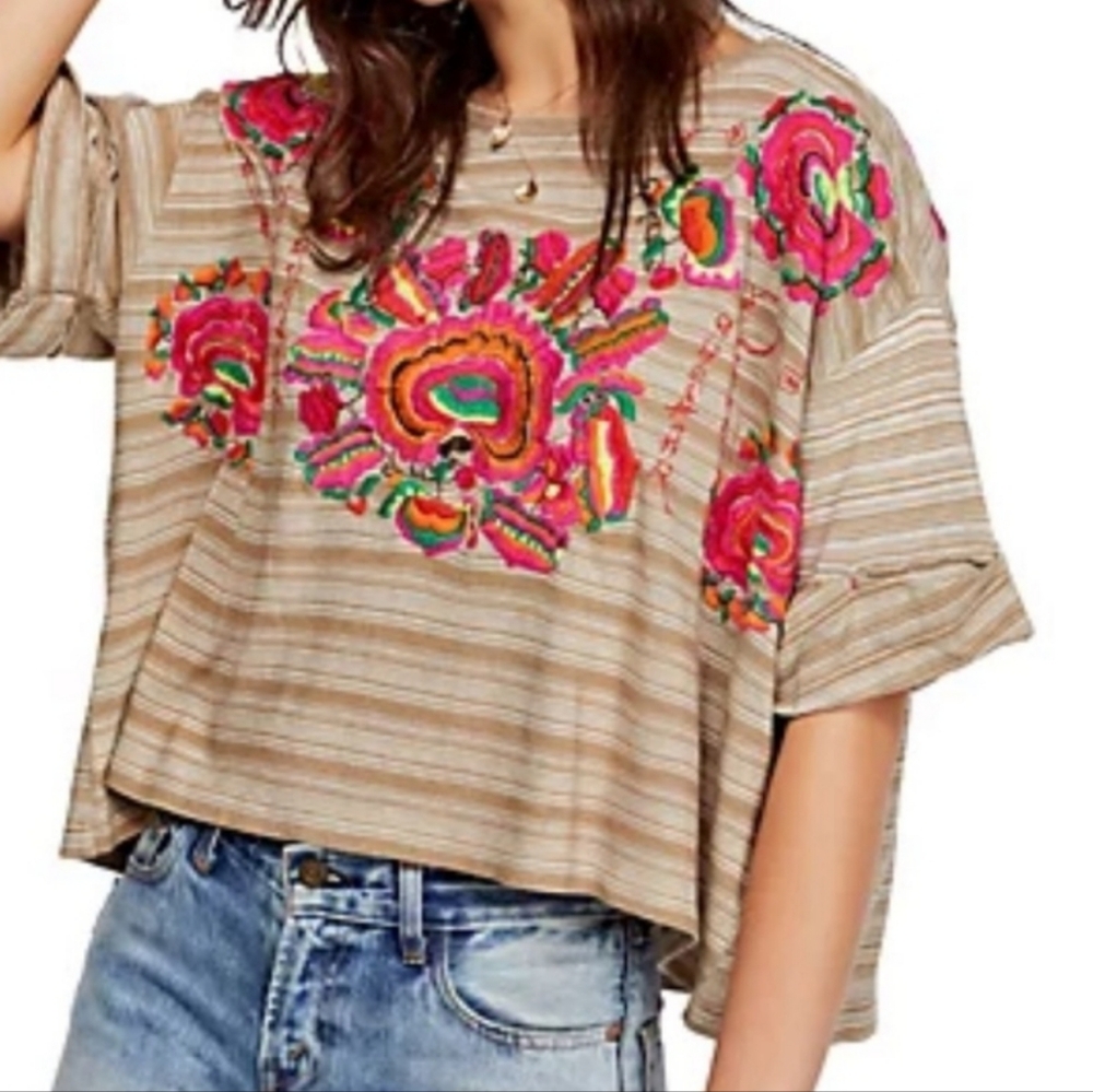 Free People Catalunya Striped Embroidered Mushroom Combo Cuffed Sleeve Size XS